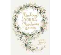 Thinking of You this Christmas and Always with Love - Wreath Design - Single Christmas Greeting Card (17x12cm) in Gold Foil Finish by Carte Blanche