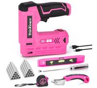 ThinkLearn Electric Staple Gun, 2 in 1 Pink Cordless Stapler Nail Gun Set with 2500pcs Staples Nails, 4V Power Tacker for Upholstery, Wood, Carpentry, Crafts, DIY, Brad Nailer Kit with USB Charger