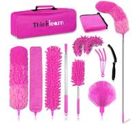 ThinkLearn Microfiber Dusters for Cleaning,14PCS Feather Dusters with Extension Pole,Bendable Washable and Extendable Duster for High Ceilings, Fans and Blinds House Cleaning Kit Pink Gift for Women