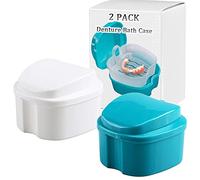 THINKPRICE Denture Bath Box Cup, Complete Clean Care for Dentures, Clear Braces, Mouth Guard, Night Guard & Retainers,Traveling (Blue & White)