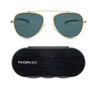 ThinOptics Pilot Style Sunglasses - Mirrored Polarised Green Lenses With Gold Frames Unisex Sun Glasses With Aluminium Case