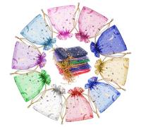 Thinp 100 Pcs Moon Star Organza Bags, 7X9cm Drawstring Jewelry Gift Bags Goodie Candy Wrap Pouch for Wedding Party Christmas Halloween and Valentine's Day (Random Colors)