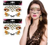 Thinp 2 Pcs Cheetah Face Stickers, Halloween Temporary Tattoo Sticker Self-Adhesive Leopard Face Stickers Glitter Faces Gems Jewels Halloween Decorations for Festival Makeup Party Cosplay Accessories