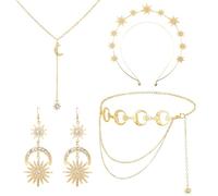Thinp 4 Pcs Celestial Jewelry Gold Star Headband Moon Earrings Necklace and Body Chain Star Accessories for Women Girls Halloween Princess Cosplay Party Costume