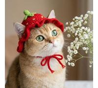 Thinp Strawberry Cat Hat, Cotton & Soft Cute Knitted Hats for Cats Crochet Cat Hat Birthday Holiday Party Christmas Knit Puppy Hats for Small Pets (Red, M)