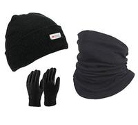 Thinsulate Lined Black Beanie Hat Scarf Gloves Set 3M Thermal Lined Winter Gloves Hat+Polar Fleece Neck Gaiter Unisex