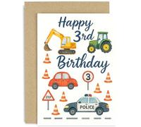 Third Birthday Card for Boys - Happy 3rd Birthday - Age 3 - Three Year Old - Tractors Cars Diggers Themed Gifts for Kids - Son, Grandson, Nephew, Toddler - Blank Inside