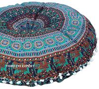 Third Eye Export Boho Room Decor Aesthetic: Vintage Indie 32 Inches Indian Blue Mandala Round Pillows Meditation Cushion Cover, Perfect for Cottagecore Hippie Room Decor (Blue-3, 32 Inches (81 Cms.)