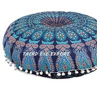 Third Eye Export Boho Room Decor Aesthetic: Vintage Indie Blue 32 Inches Indian Mandala Round Pillows Meditation Cushion Cover, Perfect for Cottagecore Hippie Room Decor (Blue 1)