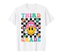 Third Grade Retro Peace Girl Happy Face School Checkered Fun T-Shirt