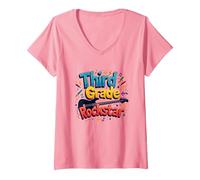 Third Grade Rockstar: Cool Back to School Music Vibes V-Neck T-Shirt, Women, Pink, M