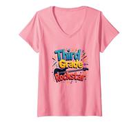 Third Grade Rockstar: Cool Back to School Music Vibes V-Neck T-Shirt, Women, Pink, XL