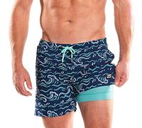Third Wave Swim Trunks with Compression Liner - Men's Premium 5 Inch Inseam Quick Dry Swim Shorts for Beach and Swimming, Tsunami, S