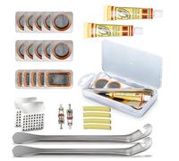 ThirdEcho 27 PCS Bike Tire Puncture Repair Kit - with 15 Vulcanizing Patches2 Stainless Steel Tire Levers,2 metal rasp,2 Valve Cores, 4 Rubber Bandsand Portable Storage Box - Case for All Bicycles