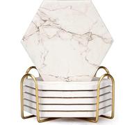 Thirstystone Set of 6 Absorbent Marble Coasters with Drink Holder, Beer and Wine - Modern White Ceramic, Bar Table, Stone
