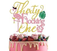 Thirty Flocking One Cake Topper, Aloha Birthday Cake Pick, Flamingo 31st Birthday Party Decorations, Hawaiian Tropical Themed Bday Decorations Gold & Pink Glitter