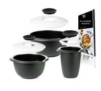 Thiru Mixing and Baking Bowl - with Splash Guard Lid - Non-Slip & BPA Free - Includes 50 Baking Recipes - Made in Germany (Black, Economy Set - 3.5 L & 2.5 L & Whisk Pot)