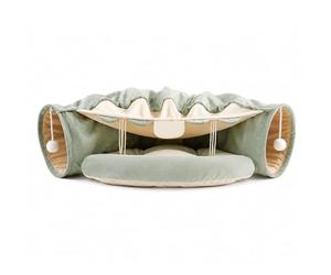 This 2-in-1 indoor cat tunnel and cat bed is specially designed for Scottish Fold cats, featuring hanging balls and a soft, warm pet sleeping environment. teal