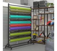 This Adjustable Textile Fabric Roll Storage Rack with 10 Hanging Rods, Movable Organizer for Car Wraps, Leather Rolls, Window Films & Wallpaper Displays (143x45x205cm)