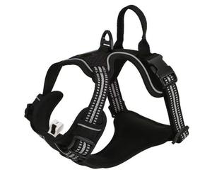 This anti-pull dog harness is designed specifically for Miniature Schnauzer. It features a handle, adjustable reflective vest-style design, and is made of breathable, thickened nylon. black S