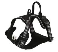 This anti-pull dog harness is designed specifically for Newfoundland. It features a handle, adjustable reflective vest-style design, and is made of breathable, thickened nylon. black XL