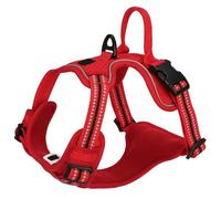 This anti-pull dog harness is designed specifically for Samoyed. It features a handle, adjustable reflective vest-style design, and is made of breathable, thickened nylon. red L