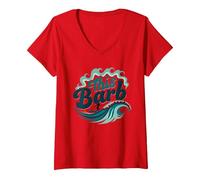 This Barb: Surfer Girl Ocean Wave Retro V-Neck T-Shirt, Women, Red, XL
