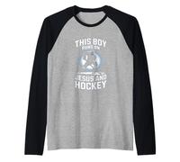 This Boy Runs On Jesus and Hockey Christian Ice Hockey Raglan Baseball Tee