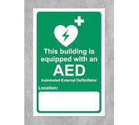 This building is equipped with an AED automated external defibrillator and located at Safety sign - 1.2mm Rigid plastic 300mm x 200mm Case (Pack of 10)