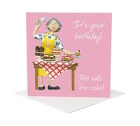 This Calls for Cake Female Birthday Greetings Card Designed by Erica Sturla for Holy Mackerel, for Mum, Grandma, Auntie etc. Card is 15cm Square and Blank Inside for Your own Message