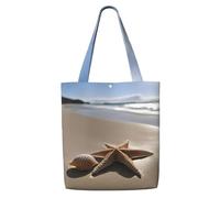 This canvas shoulder shopping Starfish Seashell Sandy Beach Print bag is sturdy durable lightweight For daily commuting