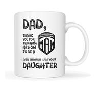 This Dad Thank You for Teaching Me How to Be a Man Mug - 11oz Ceramic Funny Father’s Day Gift from Daughter, Witty Bubble Font Dad Mug with Redefine MAN Shield