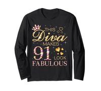 This Diva Makes 91 Look Fabulous 91st Birthday Queen B-day Long Sleeve T-Shirt