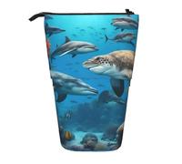 This Dolphins Sea Turtle Shark Octopus Coral Reef Print Telescopic Pencil case expands into Storage for Stationery Makeup Essentials.
