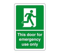This door for emergency use only - safety sign - 1.2mm Rigid plastic for indoor/outdoor usage (400mm x 300mm) Viewing Distance within 14m.