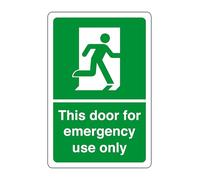 This door for emergency use only - safety sign - High tack self-adhesive sticker (200mm x 150mm) Viewing Distance within 5m.