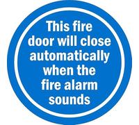 This fire door will close automatically when fire alarm sounds, sign. Floor sticker with blue background - Self adhesive floor graphic (200mm x 200mm)