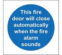 This fire door will close automatically when the fire alarm sounds Safety sign - Self adhesive sticker 100mm x 100mm