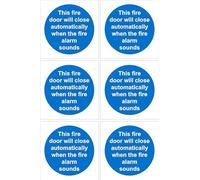 This fire door will close automatically when the fire alarm sounds sign - 100x100mm, pack of 6 stickers on A4 sheet