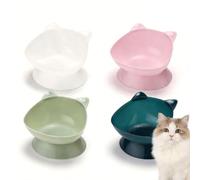 This four-piece tilting cat bowl set features a 15° tilt design. The bowls are made of lightweight plastic to effectively prevent pets from choking. It can hold both dry and wet cat food.