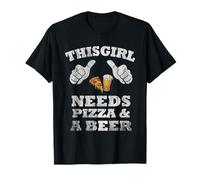 This Girl Needs Pizza and A Beer Thumbs Pointing Towards Her T-Shirt