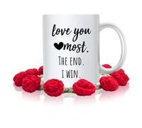 This Girlfriend Anniversary, Birthday, Romantic Gift Mug with Handmade Crochet Rose Coaster Christmas - Love You Most The End I Win - Funny Valentines Day Ideal for Him, Her - 11Oz
