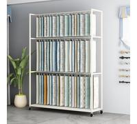 This Heavy-Duty Metal Fabric Display Rack with Wheels, Movable Curtain Sample Organizer, Commercial Textile Holder for Boutiques, White 150x35x200cm (59x14x79in)