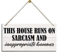 This House Runs On Sarcasm And Inappropriate Humor Sign,Funny Wood Sign,Hanging Wooden Plaque Decor,Rustic Wall Decor,Modern Home Decor,Humorous Living Room Decor,Funny Housewarming Gift 5x10 Inch