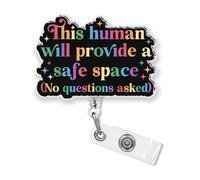 This Human Will Provide A Safe Space Badge Reel 2 Inches Badge Holder with Retractable Clip LGBTQ Funny Gay Rainbow Pride Trans Rights Acrylic Material Badge Accessories for HR Nurse Office Workers