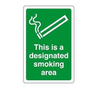This is a designated smoking area - safety sign, workplace safety, High tack self-adhesive sticker (400mm x 300mm) Viewing Distance within 14m.