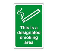 This is a designated smoking area - safety sign, workplace safety, High tack self-adhesive sticker (600mm x 400mm) Viewing Distance within 20m.