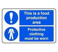 This Is A Food Production Area Protective Clothing Must Be Worn - safety sign - High tack self-adhesive sticker (150mm x 100mm) Viewing Distance within 3m.