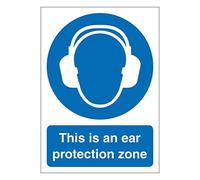 This is an ear protection zone mandatory safety sign - Size 100mm x 140mm - Self adhesive vinyl sticker - Denotes specific actions that must be adhered to (10)