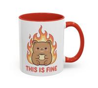 This is Fine Funny Bear Mug, Cute Meme Coffee Cup, Humour Gift for Friends, Work Colleagues, Stress Relief Joke Mug, Office Coworker Gift (Red 11oz, Mug)